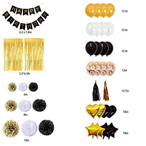 Black and Gold Birthday Decorations for Men with Balloons and Banners - Hibrides