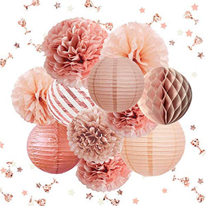 12PCS Rose Gold Tissue Pom Poms Paper Lantern for Wedding Bridal Shower Baby Shower Birthday Party Decorations - Hibrides