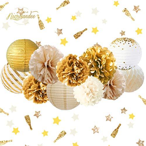 12PCS Gold White Tissue Pom Poms for Vintage Wedding Bridal Shower Baby Shower Backdrop - Hibrides