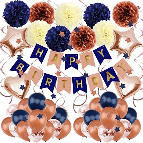 Navy Blue Rose Gold Birthday Party Decorations with Happy Birthday Banner Paper Pom Poms Balloons - Hibrides
