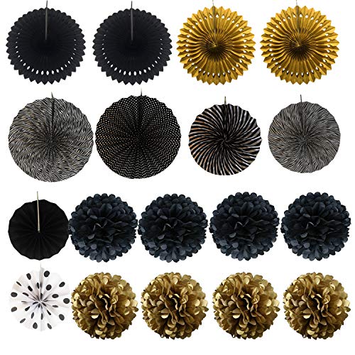 21Pcs Black and Gold Hanging Paper Pom Poms Flowers for Birthday Parties Wedding Décor - Hibrides