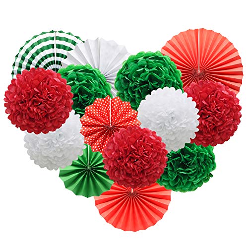 14pcs Red White Green Hanging Paper Pom Poms and Fans Set for Christmas Birthday Wedding - Hibrides