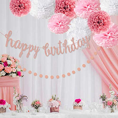 Pink Rose Gold Birthday Party Pom Pom Decorations Set - Hibrides