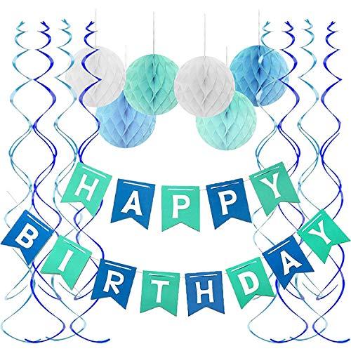 Blue Happy Birthday Banner Honeycomb balls Swirls Streamers for Birthday Decorations - Hibrides