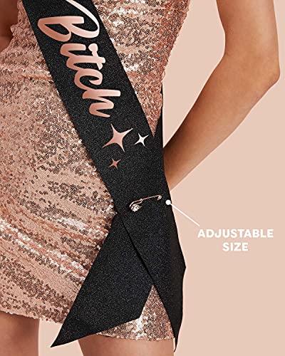 xo, Fetti Birthday Sash for Women - Black Glitter + Rose Gold Foil | Birthday Decorations - 21st, 30th, Birthday Girl - Hibrides