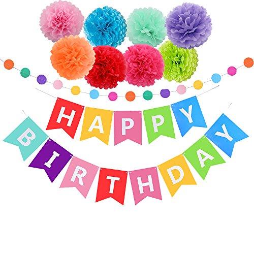 Birthday Decorations Banner with Tissue Pom Poms for Rainbow Birthday Party - Hibrides