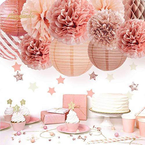 12PCS Rose Gold Tissue Pom Poms Paper Lantern for Wedding Bridal Shower Baby Shower Birthday Party Decorations - Hibrides
