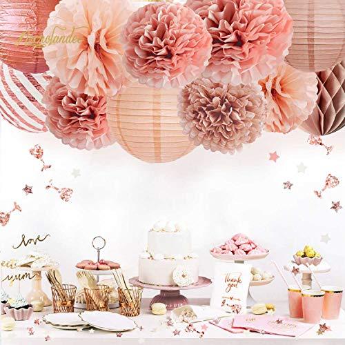 12PCS Rose Gold Tissue Pom Poms Paper Lantern for Wedding Bridal Shower Baby Shower Birthday Party Decorations - Hibrides