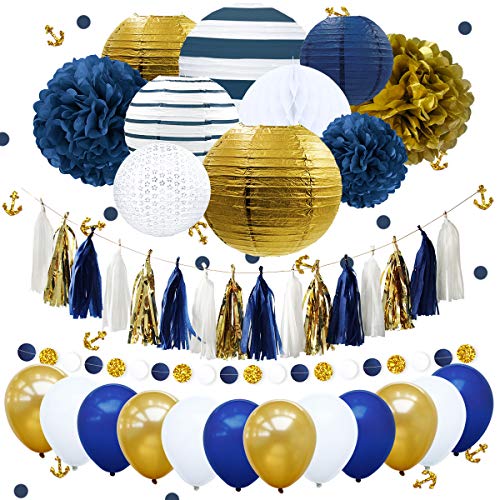 Royal Blue Tissue Pom Poms Flower Glitter Anchor Confetti Tassel Garland for Party Balloon for Graduation Wedding - Hibrides