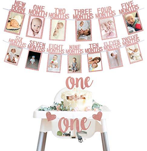 Rose Gold 1st Birthday Baby Photo Banner for First Birthday Party Decoration - Hibrides