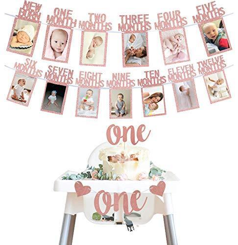 Rose Gold 1st Birthday Baby Photo Banner for First Birthday Party Decoration - Hibrides
