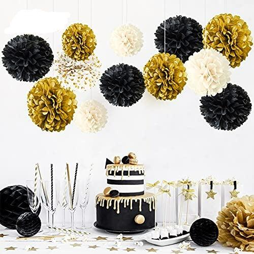 12 PCS Black Gold White Tissue Paper Pom Poms for Wedding Birthday Bridal Shower Decorations - Hibrides