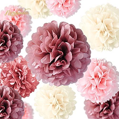 12 PCS Dusty Rose Blush Pink Tissue Pom Poms for Birthday Wedding Decorations - Hibrides