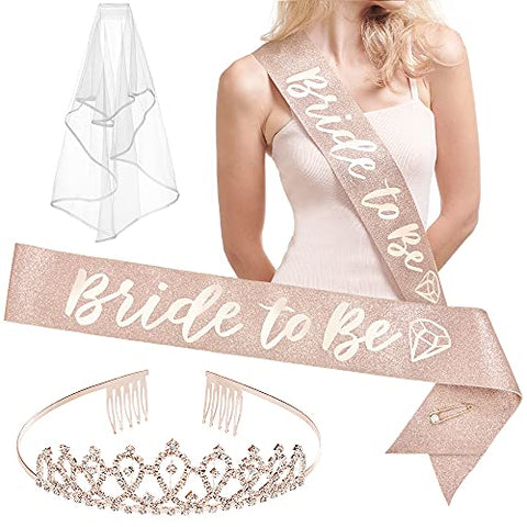 Bachelorette Party Decorations Rose Gold Glitter Kit -Bride to Be Sash, Tiara, Veil - Hibrides