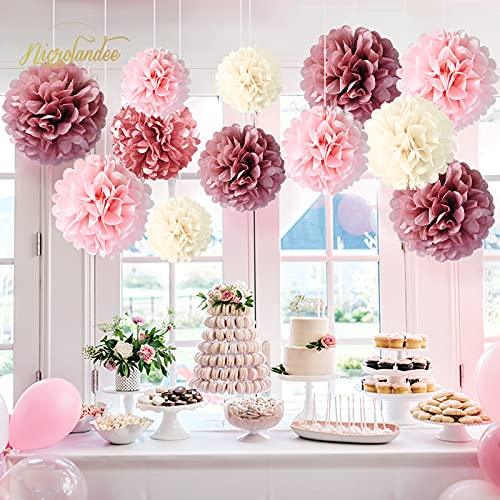 12 PCS Dusty Rose Blush Pink Tissue Pom Poms for Birthday Wedding Decorations - Hibrides