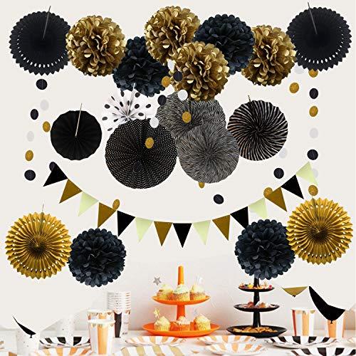 21Pcs Black and Gold Hanging Paper Pom Poms Flowers for Birthday Parties Wedding Décor - Hibrides