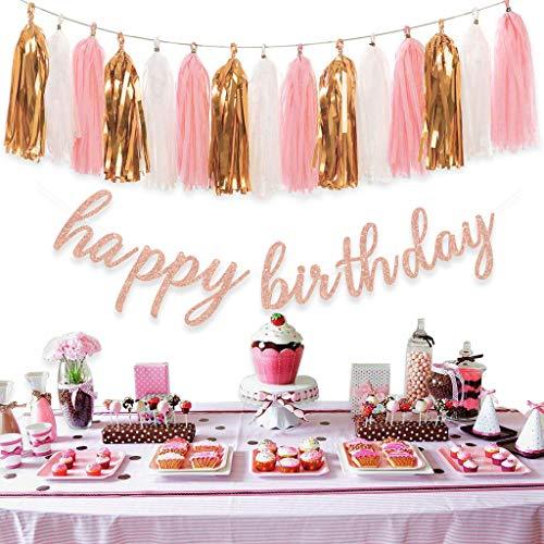 Rose Gold Birthday Party Decorations with Happy Birthday Banner and Tissue Pom Poms - Hibrides
