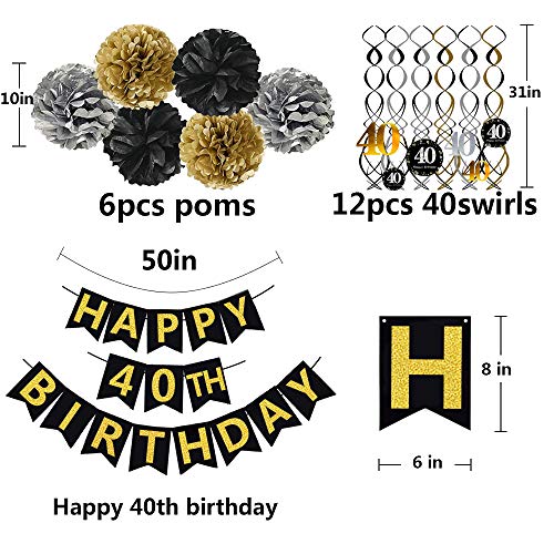 Gold Glittery Happy 40th Birthday Banner for 40th Anniversary Decorations - Hibrides