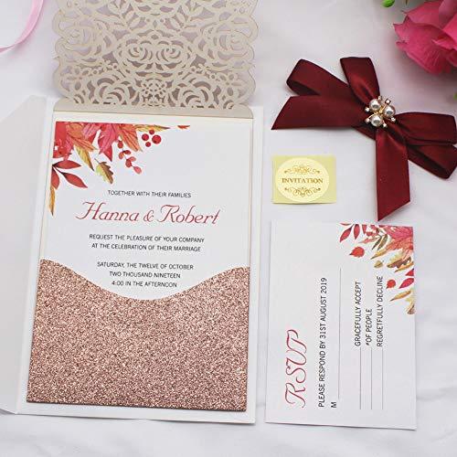 Rose Gold Glitter Laser Cut Invitations Diamond and Ribbon Design LCZ111 - Hibrides