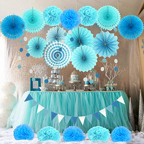 21Pcs Blue Hanging Paper Fans Pom Poms Flowers for Birthday Parties - Hibrides