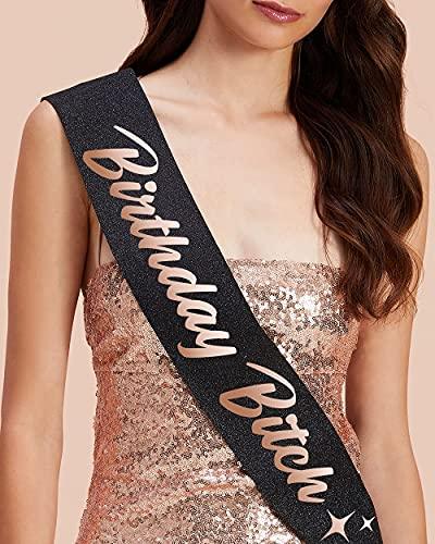 xo, Fetti Birthday Sash for Women - Black Glitter + Rose Gold Foil | Birthday Decorations - 21st, 30th, Birthday Girl - Hibrides