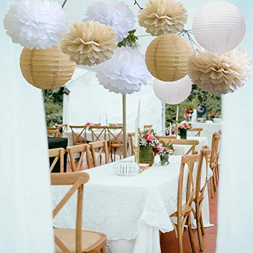 17pcs Rustic Paper Pom Poms Paper Fans Lanterns for Bridal Baby Shower Birthday Wedding - Hibrides