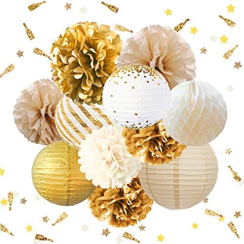 12PCS Gold White Tissue Pom Poms for Vintage Wedding Bridal Shower Baby Shower Backdrop - Hibrides