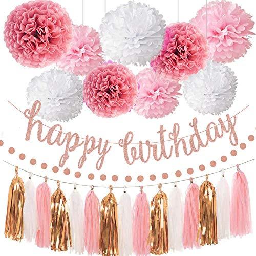 Pink Rose Gold Birthday Party Pom Pom Decorations Set - Hibrides