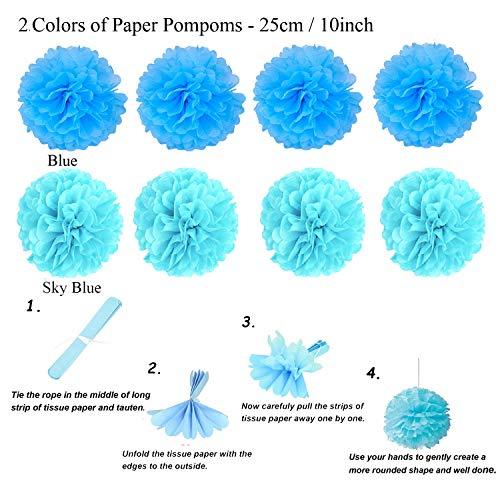 21Pcs Blue Hanging Paper Fans Pom Poms Flowers for Birthday Parties - Hibrides