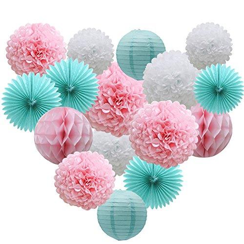 16pcs Pom Poms Flowers Paper Lanterns Hanging Tissue Fan for Bridal Shower - Hibrides