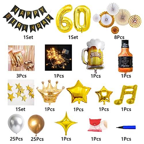 60th Birthday Party Supplies Set With String Light Include Gold Backdrop 40 Inches Number Balloons etc Perfect for Men and Women - Hibrides