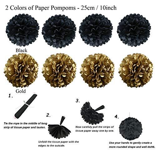 21Pcs Black and Gold Hanging Paper Pom Poms Flowers for Birthday Parties Wedding Décor - Hibrides
