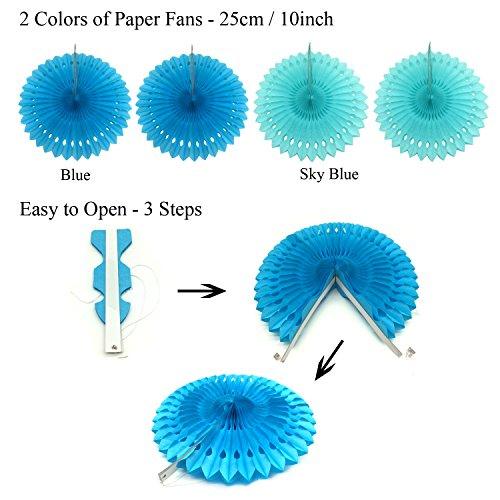 21Pcs Blue Hanging Paper Fans Pom Poms Flowers for Birthday Parties - Hibrides