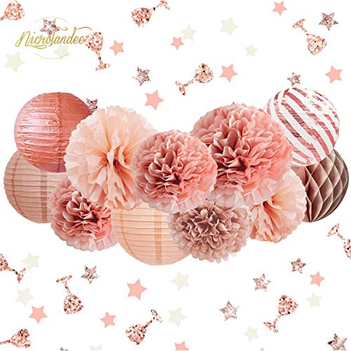 12PCS Rose Gold Tissue Pom Poms Paper Lantern for Wedding Bridal Shower Baby Shower Birthday Party Decorations - Hibrides
