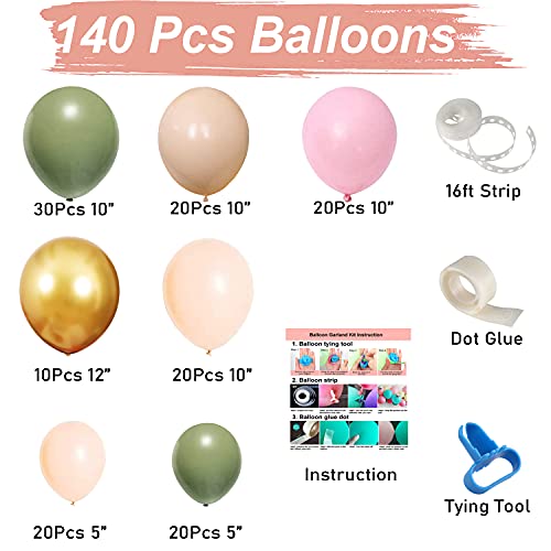 140Pcs Sage Green Peach Blush Pink Balloon Garland Arch Kit for Baby Bridal Shower - Hibrides