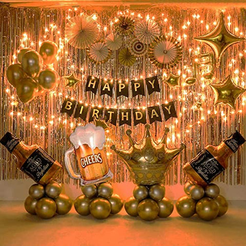 Birthday Party Decoration Gold Background Balloons Set With String Light - Hibrides