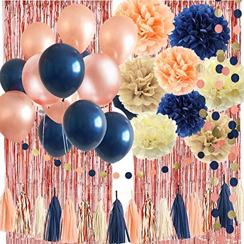 32 Pack Navy Blue Rose Gold Party Decoration Kit, Tassel and Garland for Bridal Shower, Gender Reveal Decorations - Hibrides