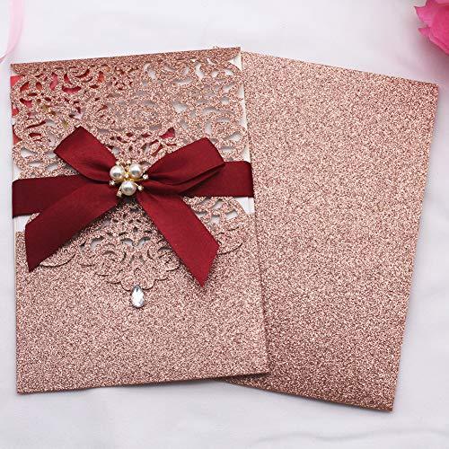 Rose Gold Glitter Laser Cut Invitations Diamond and Ribbon Design LCZ111 - Hibrides