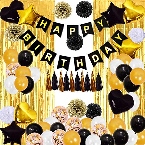 Black and Gold Birthday Decorations for Men with Balloons and Banners - Hibrides