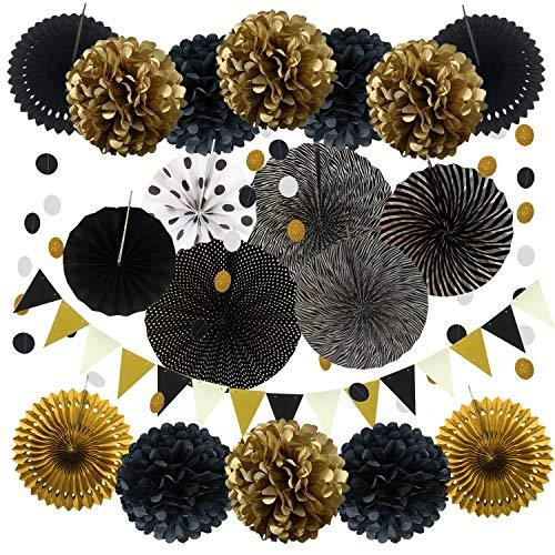 21Pcs Black and Gold Hanging Paper Pom Poms Flowers for Birthday Parties Wedding Décor - Hibrides