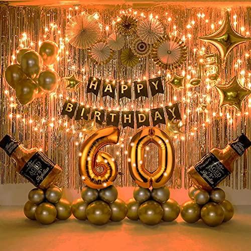 60th Birthday Party Supplies Set With String Light Include Gold Backdrop 40 Inches Number Balloons etc Perfect for Men and Women - Hibrides