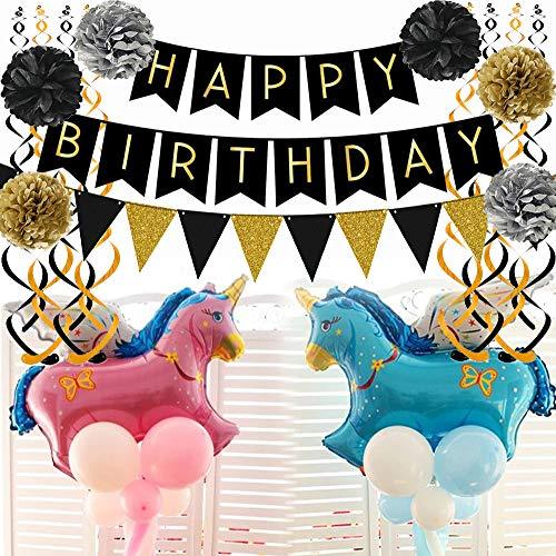 Black Happy Birthday Banner with Black Gold Paper Flag Bunting for Birthday Party Decorations - Hibrides