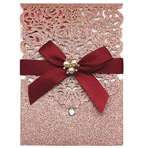 Rose Gold Glitter Laser Cut Invitations Diamond and Ribbon Design LCZ111 - Hibrides