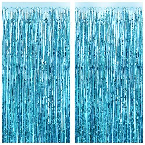 2pcs Light Blue Metallic Foil Fringe Curtains Photo Booth Props for Birthday Wedding - Hibrides