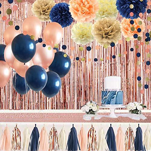 32 Pack Navy Blue Rose Gold Party Decoration Kit, Tassel and Garland for Bridal Shower, Gender Reveal Decorations - Hibrides