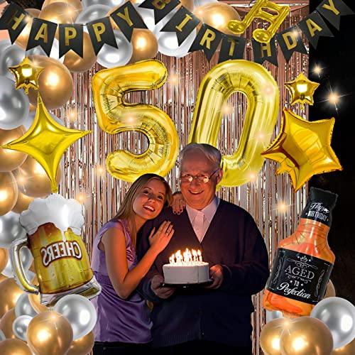 GoGoGoodie Birthday Decorations for Adult, 50th Birthday Party Supplies Set With String Light Include Gold Backdrop 40 Inches Number Balloons etc Perfect for Men and Women - Hibrides