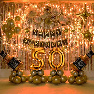 GoGoGoodie Birthday Decorations for Adult, 50th Birthday Party Supplies Set With String Light Include Gold Backdrop 40 Inches Number Balloons etc Perfect for Men and Women - Hibrides