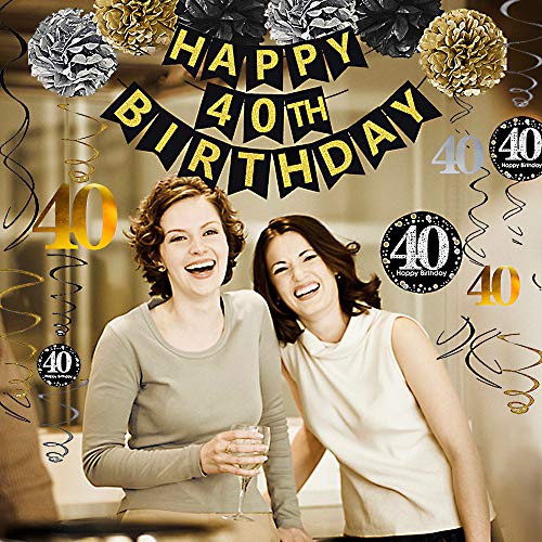 Gold Glittery Happy 40th Birthday Banner for 40th Anniversary Decorations - Hibrides