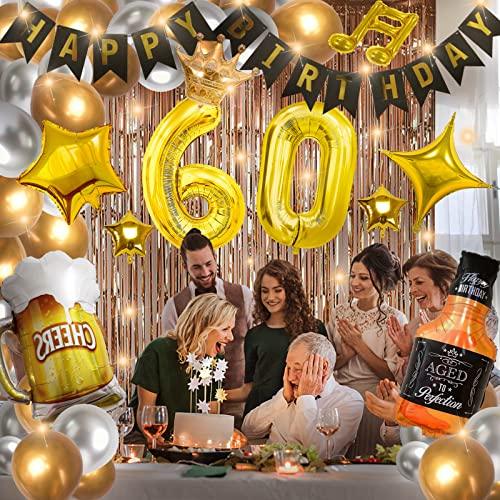 60th Birthday Party Supplies Set With String Light Include Gold Backdrop 40 Inches Number Balloons etc Perfect for Men and Women - Hibrides