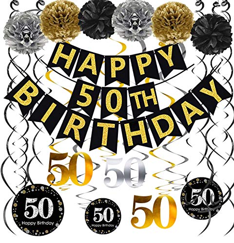 Black & Gold Glittery Happy 50th Birthday Banner - Hibrides